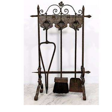 French Art Deco Hand Forged Wrought Iron Fireplace Tool Set 
