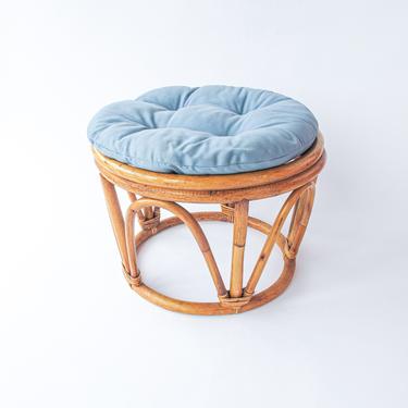 Large Vintage Woven Bentwood Bamboo Ottoman with Blue Cushion 