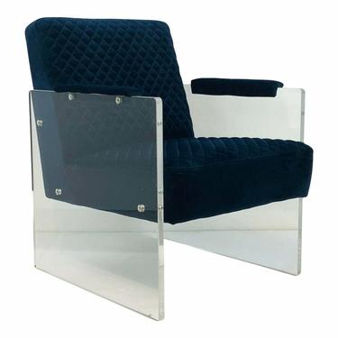 Modern Navy Blue Quilted Velvet and Acrylic Lounge Chair