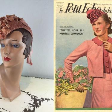 Le Petite Chapeaux - Vintage 1930s 1940s Coral Pink Straw Glengarry Bonnet Military Bonnet Hat 