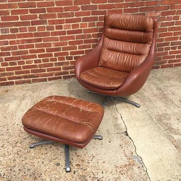 Mid-century swivel scoop lounge chair and ottoman in brown leather