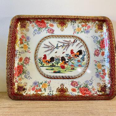 Vintage Tray - Daher Decorated Ware Serving Tray - Rooster Floral Design - Rectangular Tin Serving Tray - Made in England-Cottage Farmhouse 