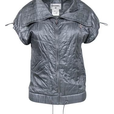 Chanel - Grey Quilted Zip-Up Vest w/ Oversized Collar Sz 2
