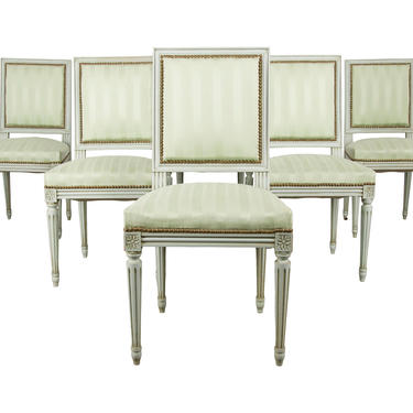 Antique Set of 6 French Traditional Louis XVI Style Square Back Painted Dining Chairs 