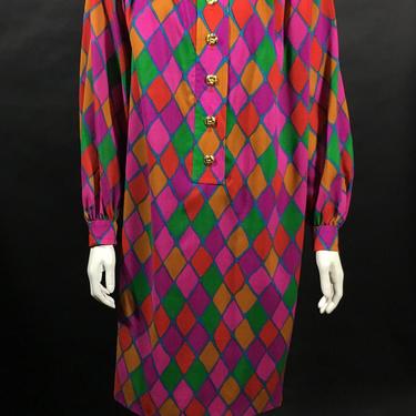 Vintage 1960s/1970s Designer Yves Saint Laurent Harlequin Print Shift Dress - Large 