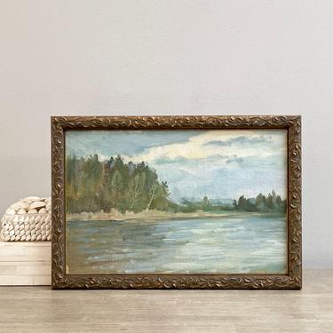 Vintage Landscape Oil Painting Lakeshore Scene 