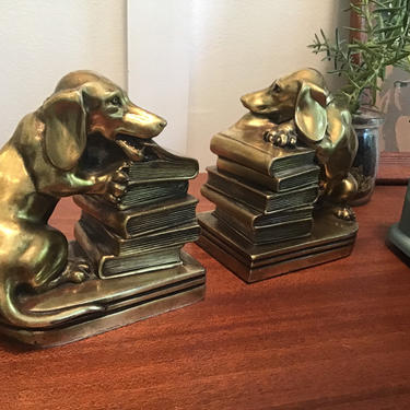 Bookends Brass Hiund Dog Chewing Books The Dog Ate My Homework Vintage Brass home accessories mid century 