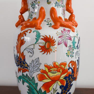 Asian Floral Ceramic Vase with Coral Handles 