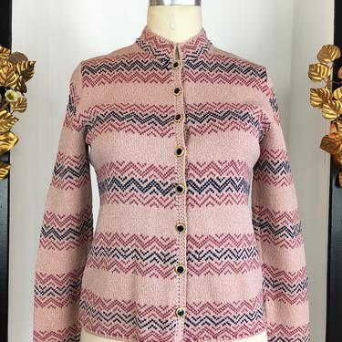 1970s striped cardigan, pink wool sweater, vintage 70s sweater, zig zag sweater, nordstrom cardigan, size medium, pink and blue, 34 36 bust 
