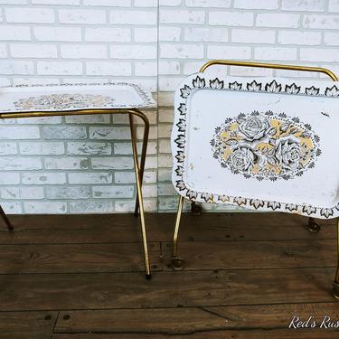 Set of 2 White and Gold TV Trays with Rolling Storage Rack 