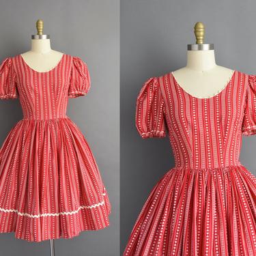 1950s vintage dress | Adorable Candy Red Novelty Heart Print Puff Sleeve Sweeping Full Skirt Summer Dress | Small | 50s dress 