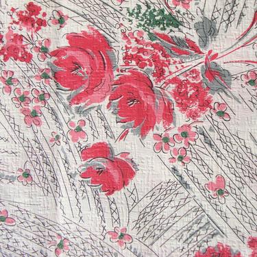 Vintage 50s Modernist Rose Fabric Cotton Crepe Remnant 1.4 Yds 