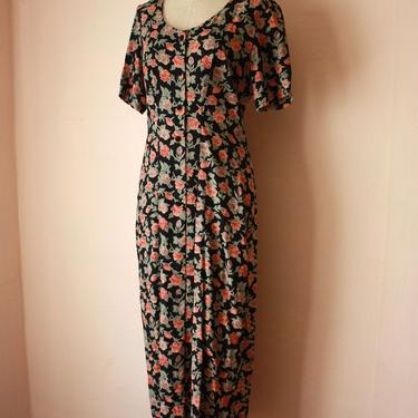 90s Limited Floral Grunge Dress Black Rayon Maxi Dress with Wallpaper Rose Print Size M 