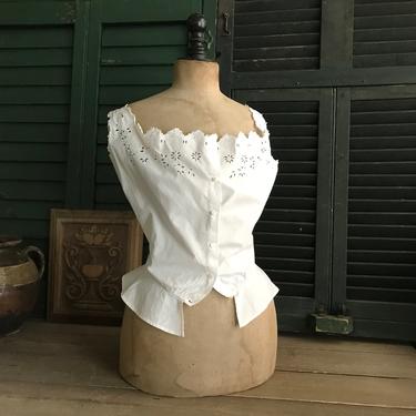 Antique French Cache Corset, Wasp Waist Camisole, White, Hand Embroidered Floral Lawn Work 