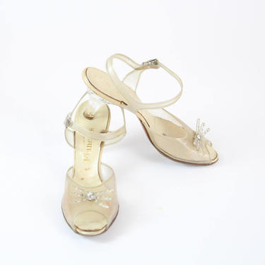 1950s Vintage Shoes Clear Peep Toe High Heels Cinderella Sandals Carved Lucite Heel Size 5.5 
