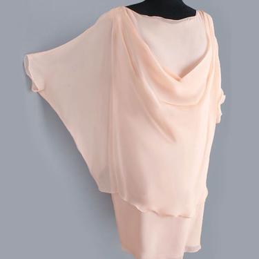 HOLLY HARP Designer Silk Chiffon Dress, Vintage 1970's, Boho Style, Peach Silk Shift Gown Dress, Medium 
