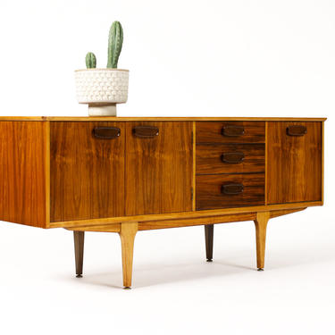 Danish Modern / Mid Century Walnut Credenza / Sideboard — Rectangular Pulls — Cocktail Cabinet 