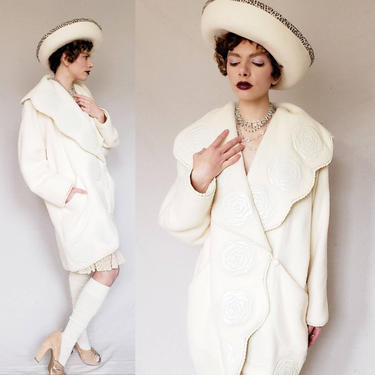1980s Cream Wool Coat Leather Embossed Flowers Large Collar Norma Canada / 80s Does 20s Shawl Collar Overcoat Ivory White / M 