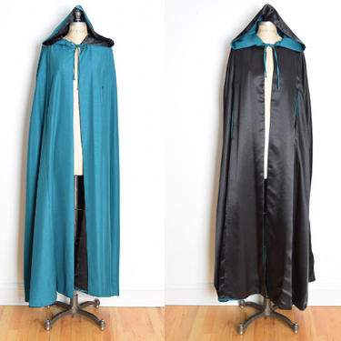 vintage 70s cape jacket teal black reversible satin hooded duster hippie boho 