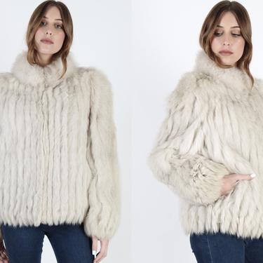 Arctic Fox Fur Coat Real Fur Jacket With Pockets Vintage 80s Plush Fox Chubby Shaggy Corded Shawl Collar Womens Winter Jacket 