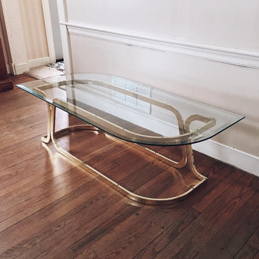 Milo Baughman Style Sculpural Brass Coffee Table with Marquise Shaped Glass Top, Brass Coffee Table, Brass and Glass Coffee Table 