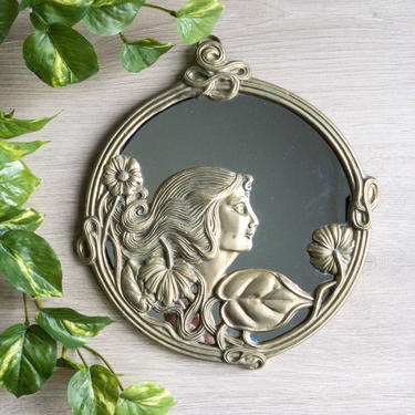 Vintage Art Nouveau Brass Mirror | Round Brass Mirror with Silhouette of Woman | Round Wall Mirror 