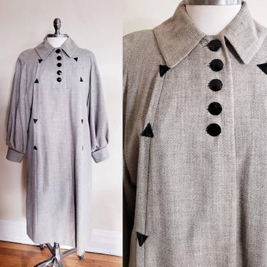 1940s Gray Swing Coat Micro Tweed Checkered Weave / 40s A Line Button Down Coat Black Geometric Embroidery Large Sleeves AS IS / Leonie 
