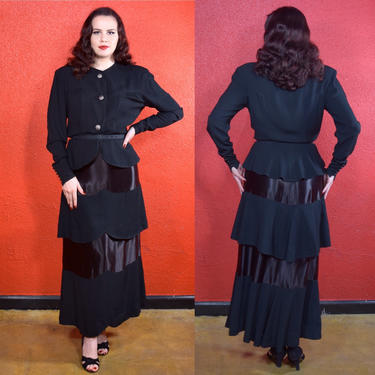 1930s 40s Black Crepe Skirt Suit Olga Original 