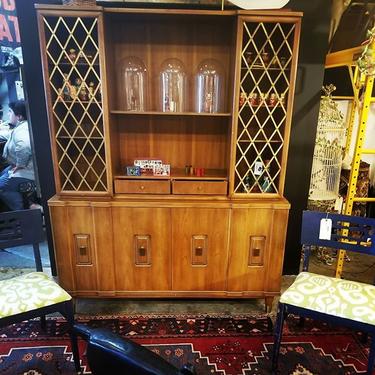 Mid Century Hutch with brass lattice detail. Manufactured by John Widdicomb (5ft wide, 20 inches deep, 74ft 5 inches high) 