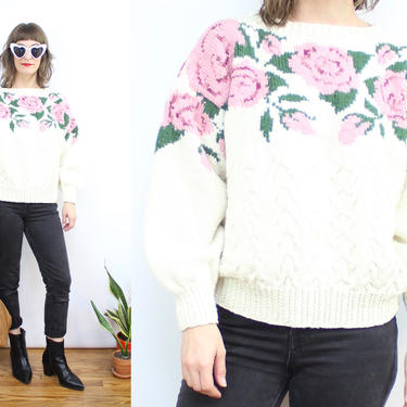 Vintage 90's Pink Rose Cable Knit Pullover Sweater / 1990's White Roses Sweater / Women's Size Small Medium 