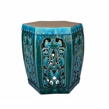 Ceramic Clay Green Turquoise Glaze Hexagon Motif Garden Stool Table cs7018E 