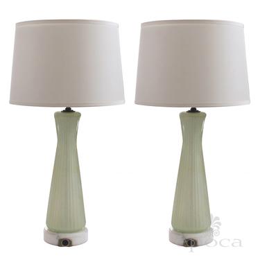 a good quality pair of murano mid-century celery-green ribbed glass and gold aventurine lamps by barovier &amp; toso
