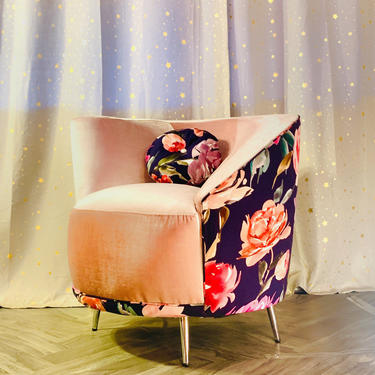 Vintage MCM reupholster Pink Velvet and Floral Corkscrew Barrel Chair 