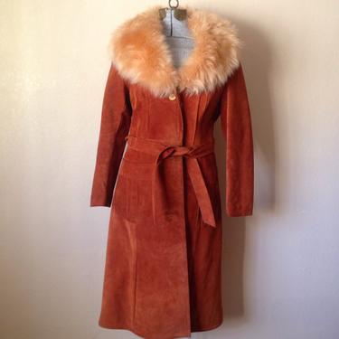 Vintage 60s 70s Suede Shearling Coat Sheepskin Lined Fur Collar Jacket Penny Lane Coat Princess Boho Bohemian Mongolian by InAFeverDream