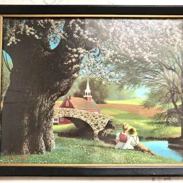 Vintage Paul Detlefsen Old Apple Tree Spring Blossoms Boy and Girl Background Church Lithograph 1968 Print by LeChalet