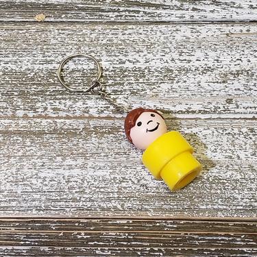 1990s Vintage Fisher Price Little People Keychain, Young Boy, Brunette Brown Hair &amp; Yellow Body, All Plastic, Key Ring Charm, Retro Toys 