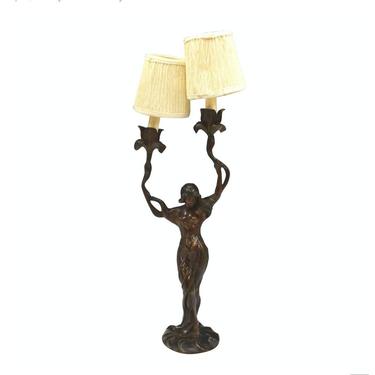 Marcel Debut French Art Nouveau Period Bronze Figural Sculpture Candleholder Electrified Table Lamp. Signed. 19th/20th Century. Circa 1900 