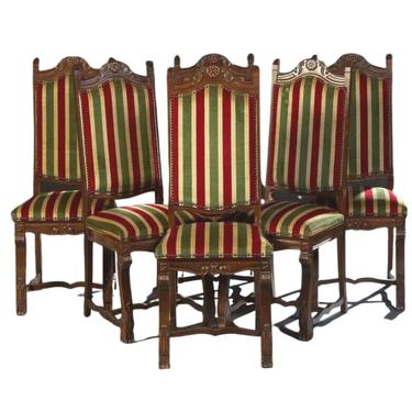 Dining Chairs, Six Spanish Renaissance Style, Vintage, Stiped Velvet, 1900's