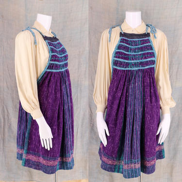 70s-80s woven cotton bohemian apron dress / vintage ethnic baby doll summer beach dress M-L 