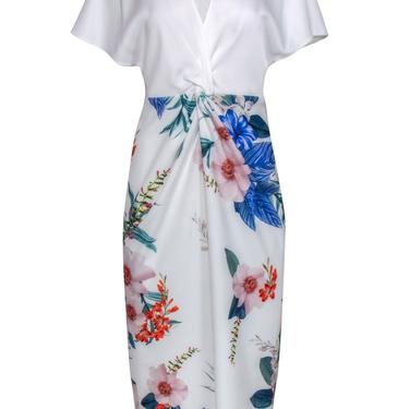 Ted Baker - White Tropical Floral Print "Jamboree" Midi Dress w/ Knotted Design Sz 8
