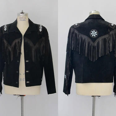 SUEDE ADDICTION Vintage Echo Mountain 90s Jacket | 1990s Black Leather Fringe Beaded Jacket | Boho Biker Western Southwestern | Size Mens 42 