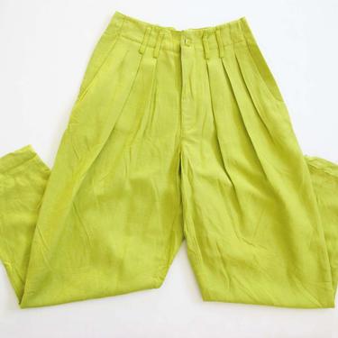 Vintage 90s 2000s Linen Trouser Pants 24 XS - Pleated High Waist Pants - Bright Lime Green Pants - 90s 2000s y2k Clothing 
