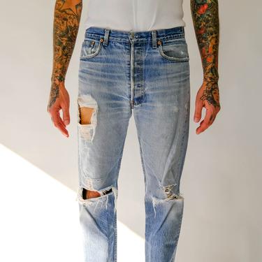 Vintage 80s LEVIS 501 Destroyed Medium Light Wash Button Fly Denim Jeans | Made in USA | Size 34x30 | 1990s Levis Unisex Grunge Indigo Pants 