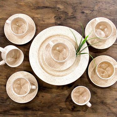 VINTAGE: 27 Piece Churchill England Homespun Stoneware Speckled Set - Plates, Cups, Saucers - English Hand Crafts - SKU Wall-22 23-00014304 