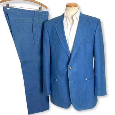 Vintage 1970s MUSTANG Western Wear 2pc Denim Suit ~ 46 Long ~ Jacket / Pants ~ Cowboy / Rockabilly 