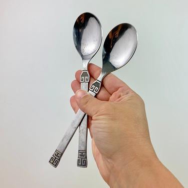 Vintage National Stainless Canton Greek Key Large Spoons, pair, greek key Flatware 