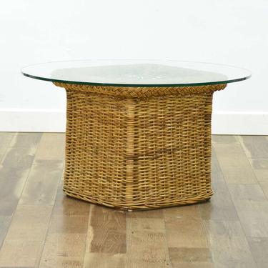 Vintage Rattan Willow Basket End Table W Heavy Glass