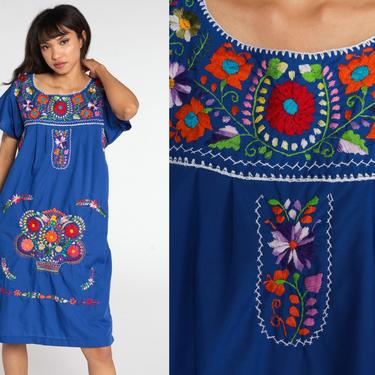 Floral Mexican Dress EMBROIDERED Midi Royal Blue Dress Hippie Boho Ethnic Blue Tent Bohemian Floral Cotton Tunic Traditional Medium 