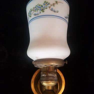 Vintage Brass Sconce with Hand Painted Satin Milk Glass Shade