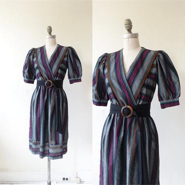 Vintage 80s Puff Sleeve Striped Dress/ 1980s Jewel Tone Fall Cotton Day Dress/ Size Small Medium 